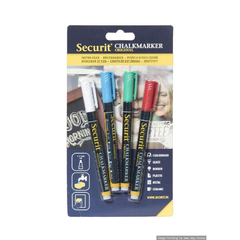 Securit Liquid Chalkmarker Coloured 1-2Mm Nib Blue, Red, Green & White Pack of 4 - 1