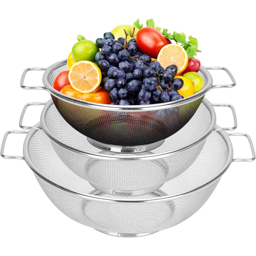 Fissman Strainer Sets with Resting Base - 20cm, 22cm, 26cm - Stainless Steel Colander Strainer with Handle - 3