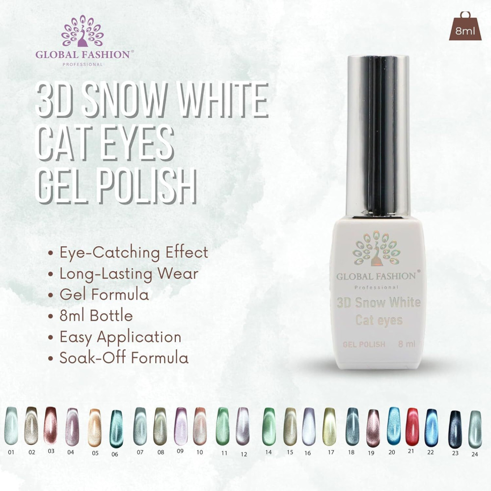 Global Fashion Professional 8 МЛ 3D Snow White Cat Eye Gel POLISH - Стойкий, МЕРЦАЮЩИЙ ЛАК ДЛЯ ногтей, (014, 8 мл) - 2