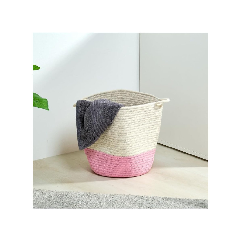 Homesmiths Cotton Rope Basket Upper Mouth White and Pink Dia30 x H30 cm - 5