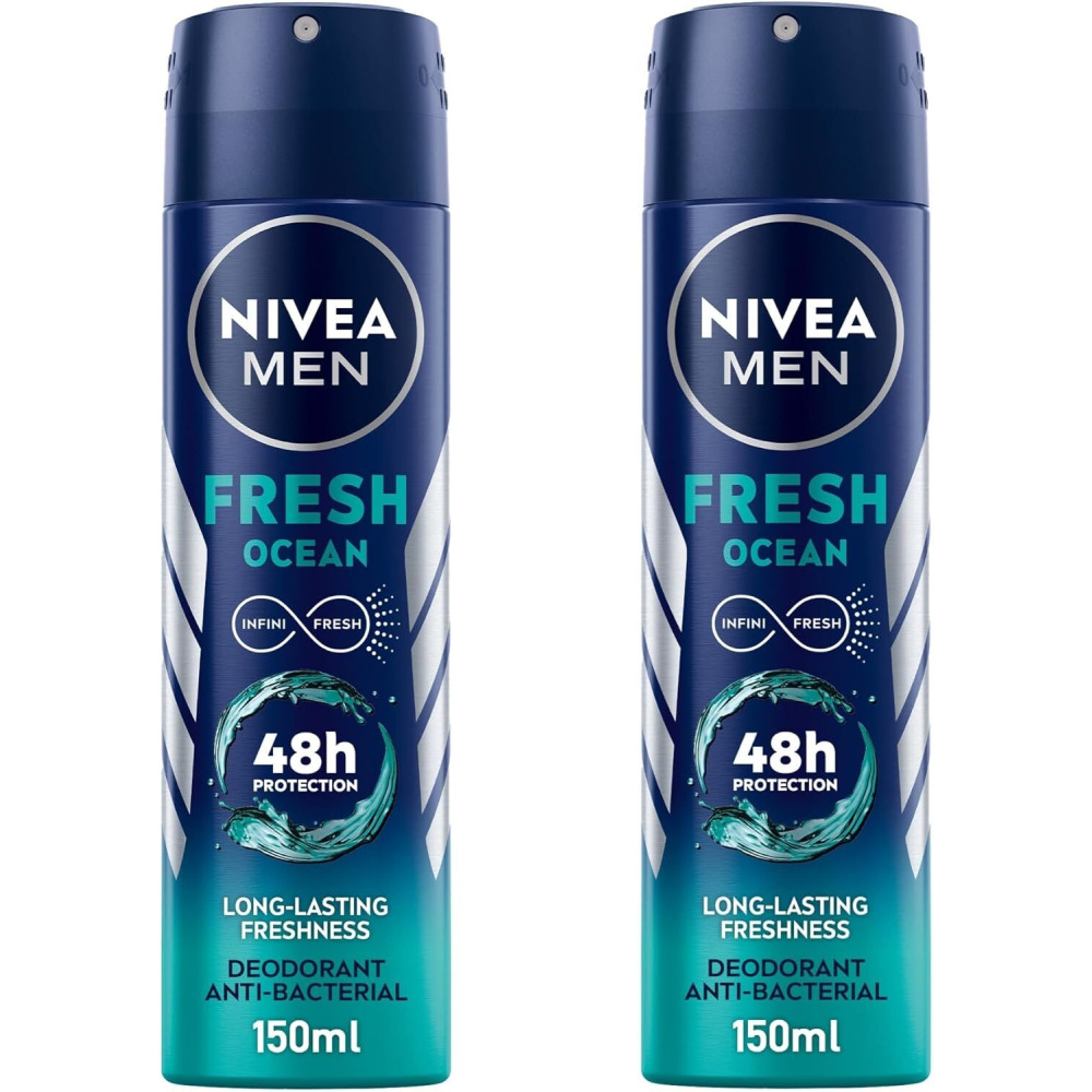 NIVEA MEN Antibacterial Deodorant Spray for Men, Fresh Ocean, 48H Active Protection,Long-Lasting Freshness, 2x150ml, Dual Pack - 1