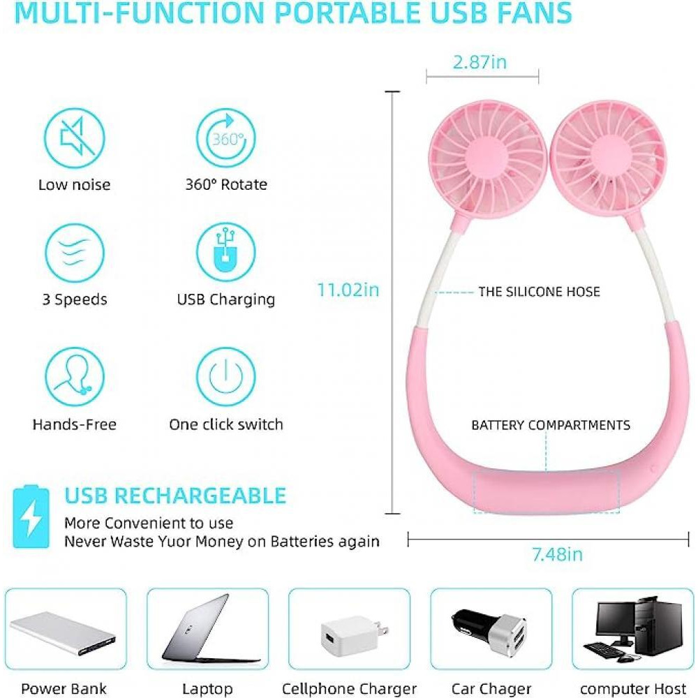 Portable Neck Fan, USB Rechargeable Fan, Hands Free Mini Personal Wearable Necklace Fan can Rotate 360Freely with Dual Wind Head and 3 Level Air Flow  - 3
