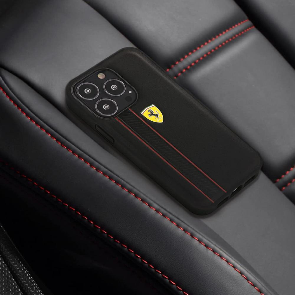 Ferrari Genuine Leather Hard Case With Debossed Stripes, iPhone 13 Pro Max, Black - 4