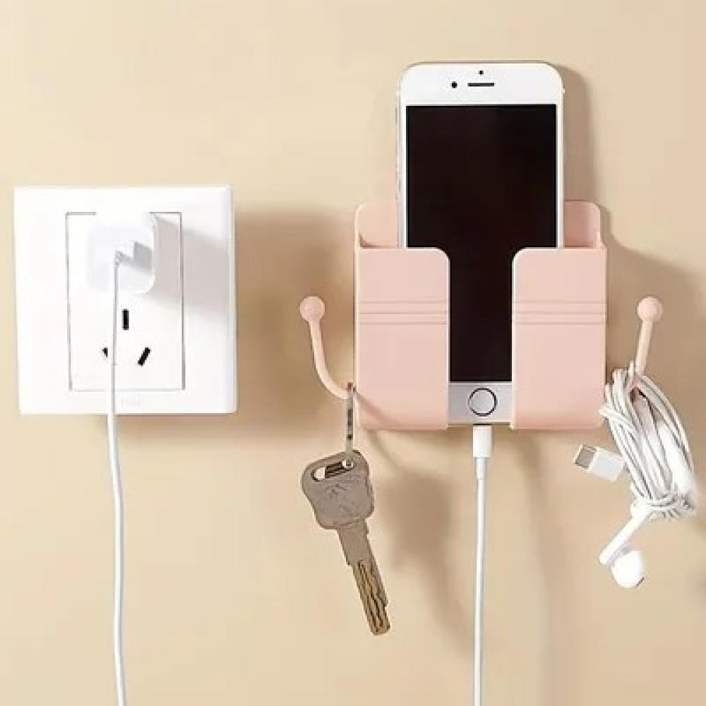 Wall Mount Phone Holder with Hooks, Self-Adhesive Wall Organizer Storage Box, Wall-Mounted Phone Charging Stand Remote Control Brackets Holder for Bed - 1