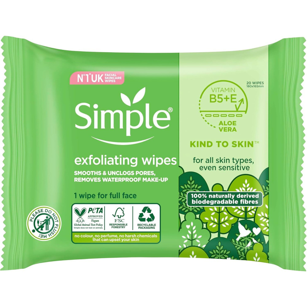 Simple, Exfoliating Face Wipes cleansing wipes for sensitive skin, 20 wipes - 1