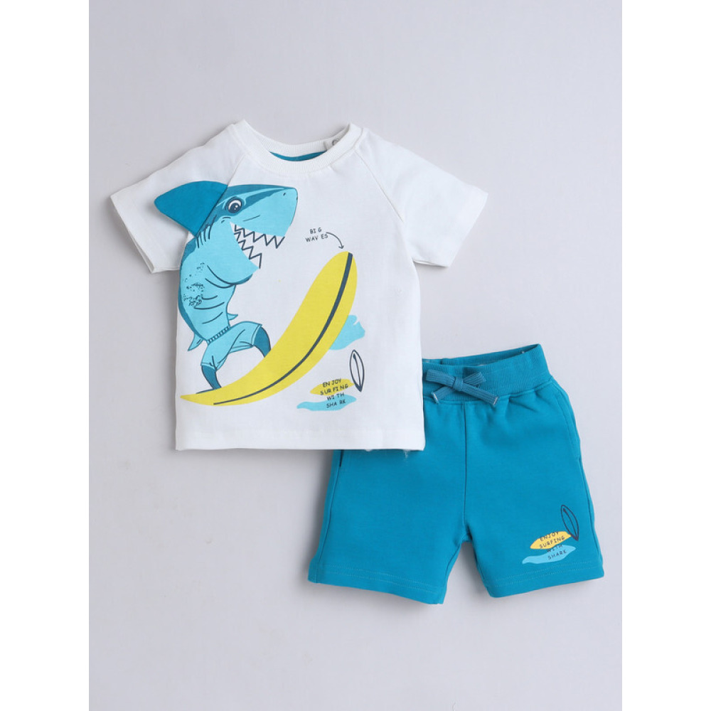 Victor and Jane Boys' Shark Surfing Off White  T-Shirt and Shorts Set 18-24M - 1