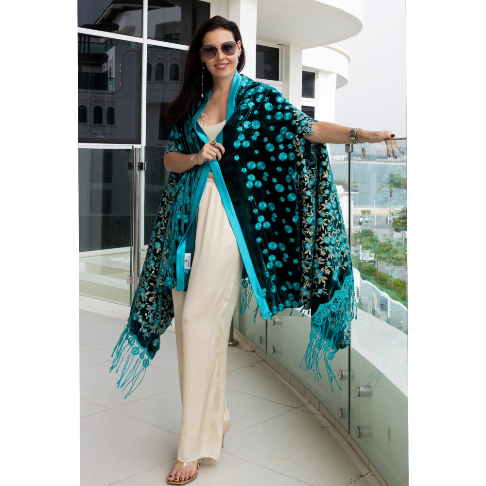 Asian Spirit, Turquoise Sakura Velvet Cape Jacket, Free size (XS-XL) - 2