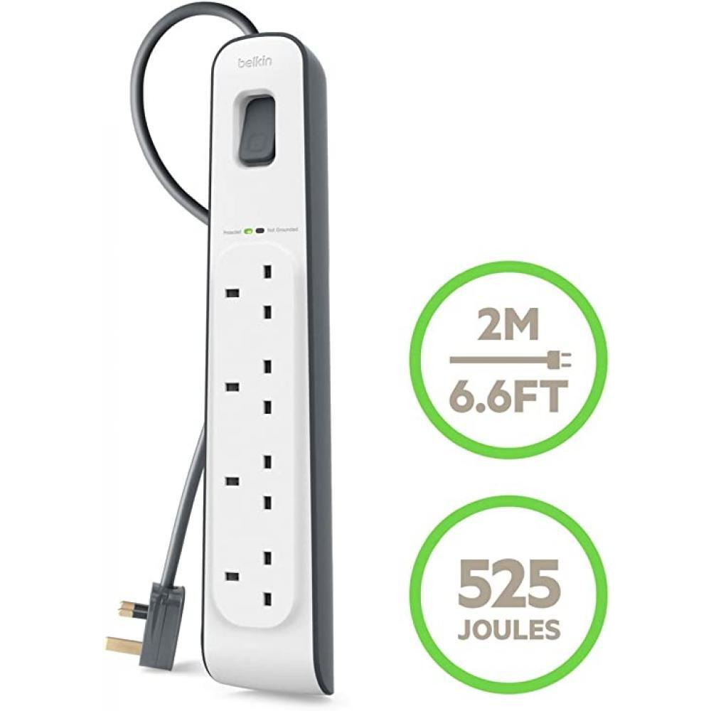 Belkin / Power strip, 4-Way, 2 m cord length, 14Awg capacity with On/Off switch, White - 3