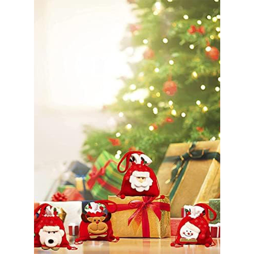 Drawstrings Gift Bags, Reusable Fabric 3D Goodie Bags Set of 3, Snowman Elk Wrapping Bags, Treat Bags Pouches Candy Pockets for New Year and Holidays - 4