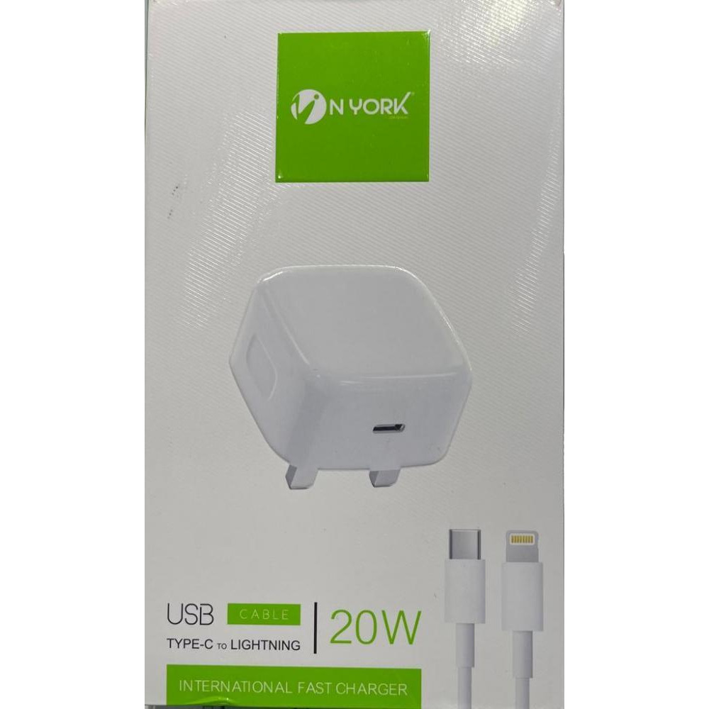 NYORK Universal Single Port Adapter UK Wall Charger, with USB-C to Lightning Charge Cable, White HC601 - 1