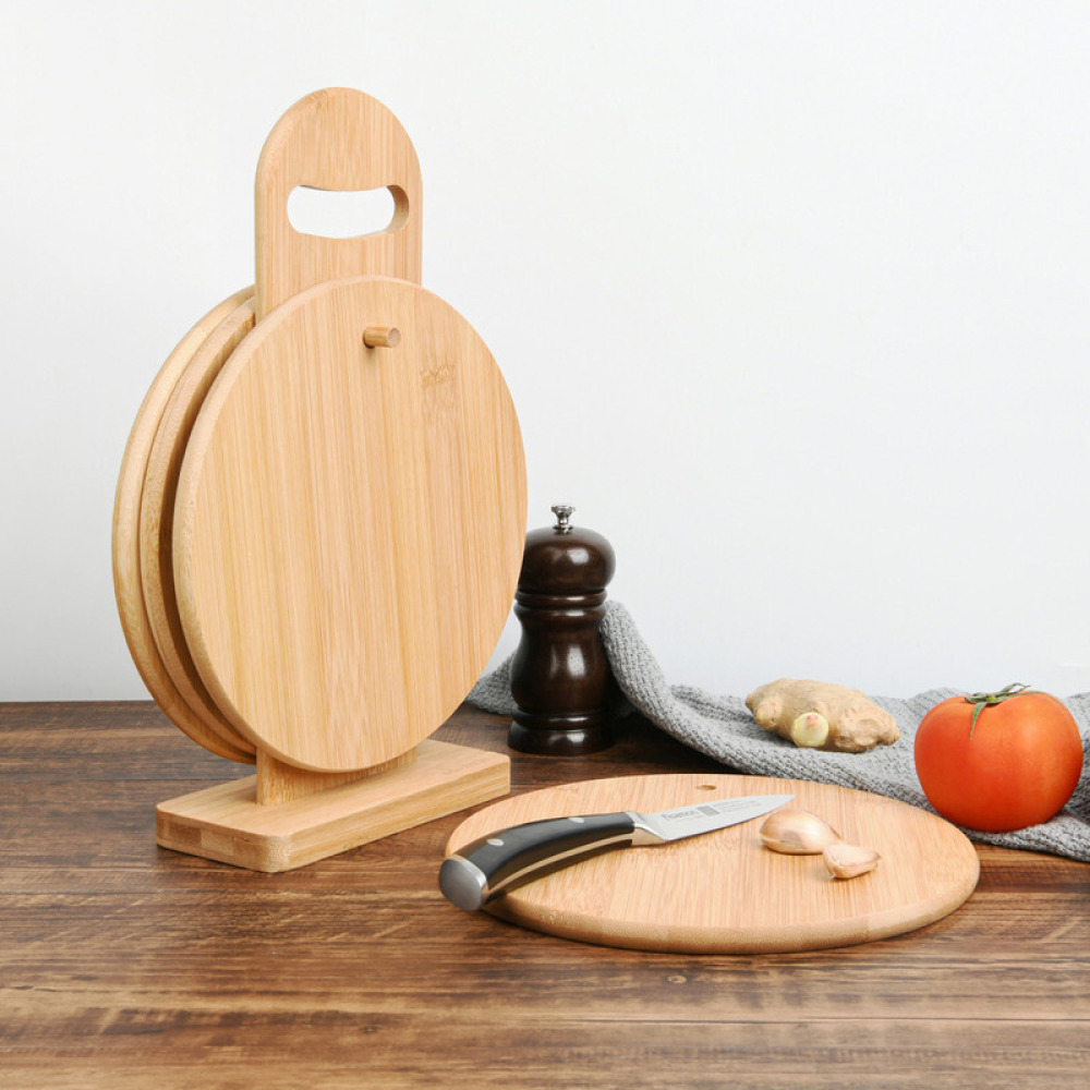 Fissman 4-Pack Bamboo Round Cutting Board Set with Stand Beige 20x20x1cm - 5