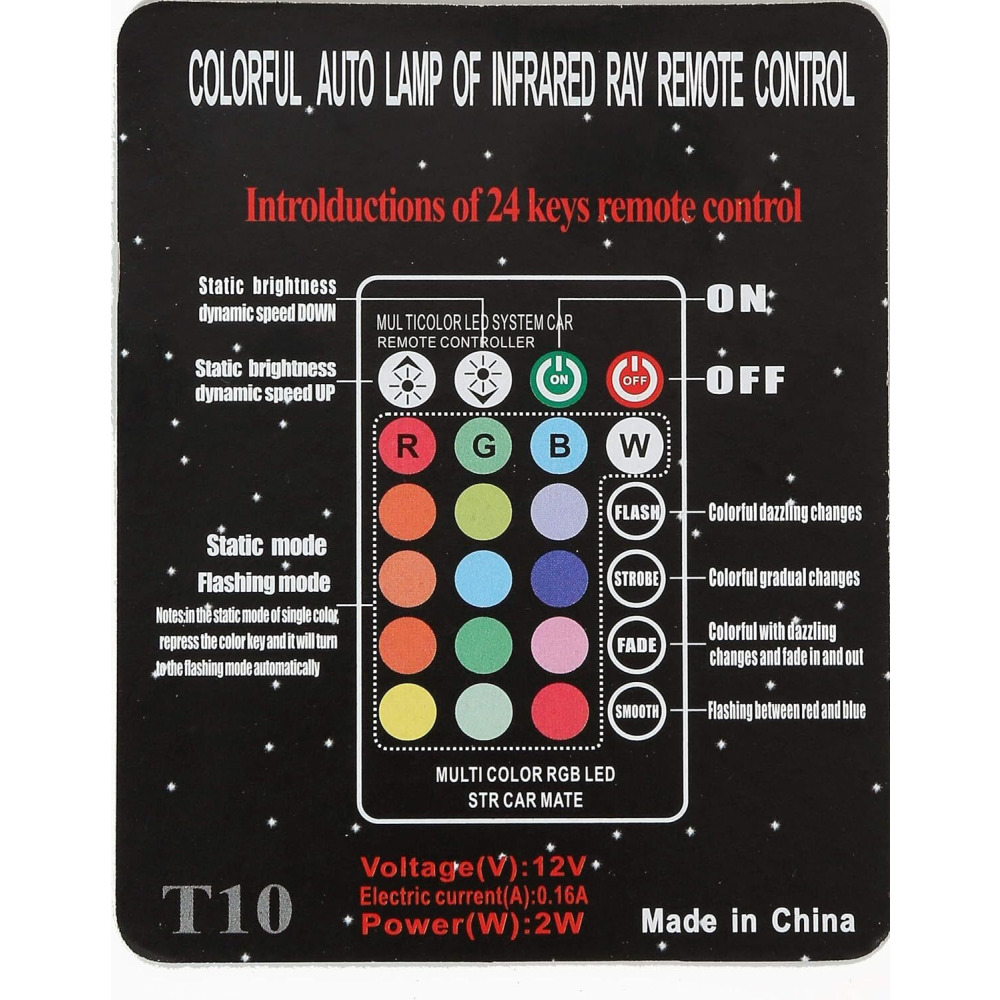 Multi Color LED Light Systems Lamp for Car Remote Control, Model T10 - 4