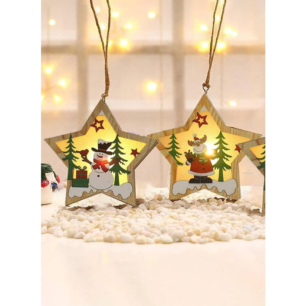Набор из 3 Подвесных Подвесок На Елку С Деревянными звездами И Лампочками В СТИЛЕ санта-клауса, Оленя И снеговика Для Новогодней Вечеринки и Украшения - 2