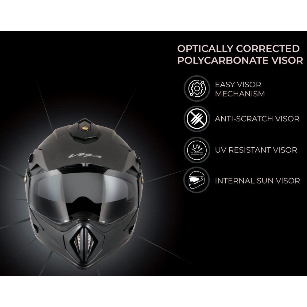 Vega Off Road ISI Certified Matt Finish Full Face Dual Visor with Peak Helmet for Men and Women Outer Clear Visor and Inner Smoke Sun Visor (Dull Blac - 4