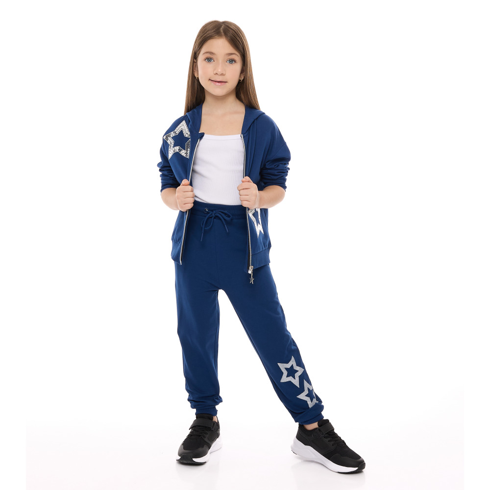 Комплект Из 2 ПРЕДМЕТОВ Для Девочек, Синий, Толстовка С КАПЮШОНОМ На МОЛНИИ с вышитой звездой + брюки (7-8 лет) - 1