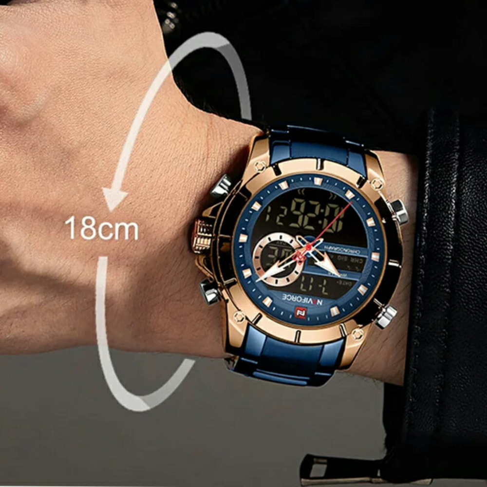 NAVIFORCE Luxury Stainless Steel Analog Digital Watch Waterproof Sports Quartz Multifunctional Wristwatch with Stopwatch Alarm LED Backlight - 4