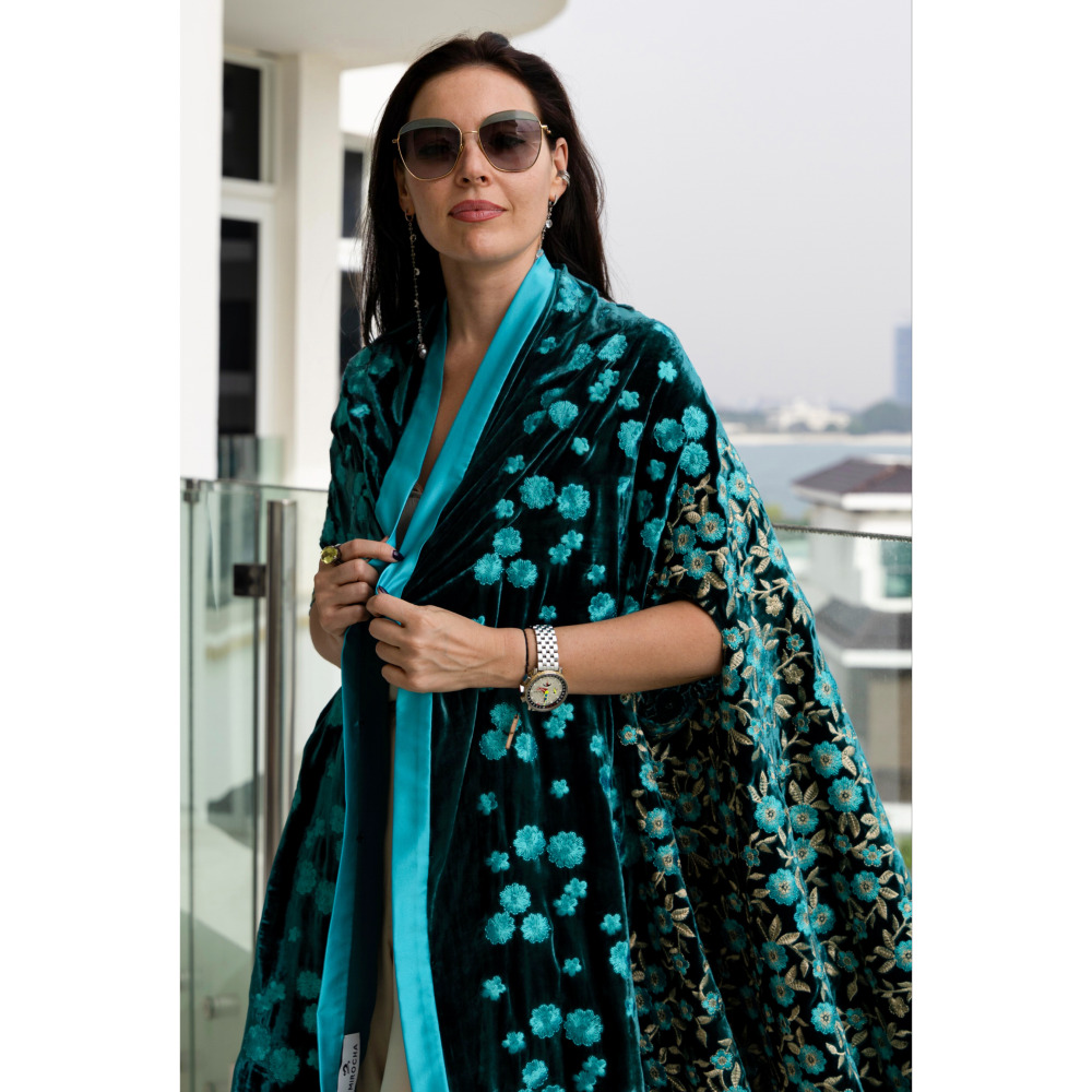 Asian Spirit, Turquoise Sakura Velvet Cape Jacket, Free size (XS-XL) - 3