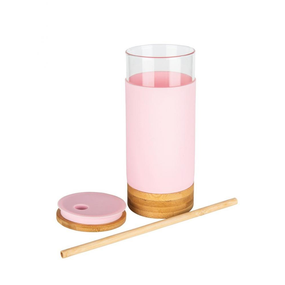 Little Storage 650ML Bamboo Glass Silicone Drinking Cup With Straw Pink - 1
