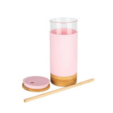 Little Storage 650ML Bamboo Glass Silicone Drinking Cup With Straw Pink - 1 miniature