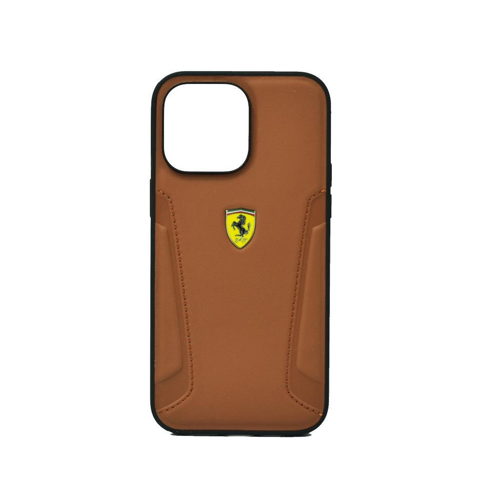 Ferrari Leather Case With Hot Stamped Sides Yellow Shield Logo For Iphone 14 Pro Max Camel - 1