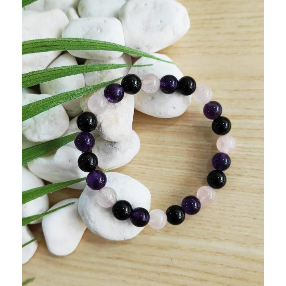 Genuine Natural Black Tourmaline Amethyst Rose Quartz Bracelets For Women 8mm Healing Crystal Stretch Round Bead Bracelet  - 2