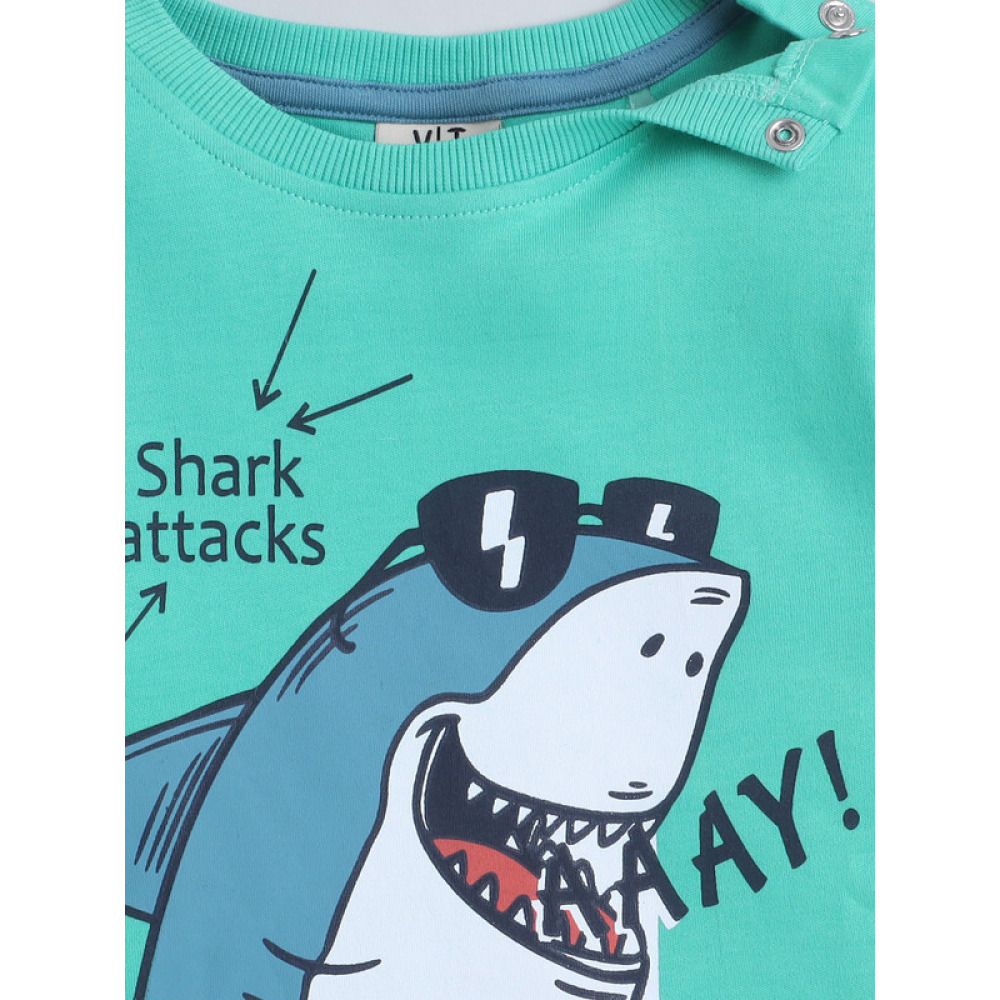Victor and Jane Infant 2PC Set, Green T-Shirt with Cute Shark And Blue Shorts 3-6M - 4