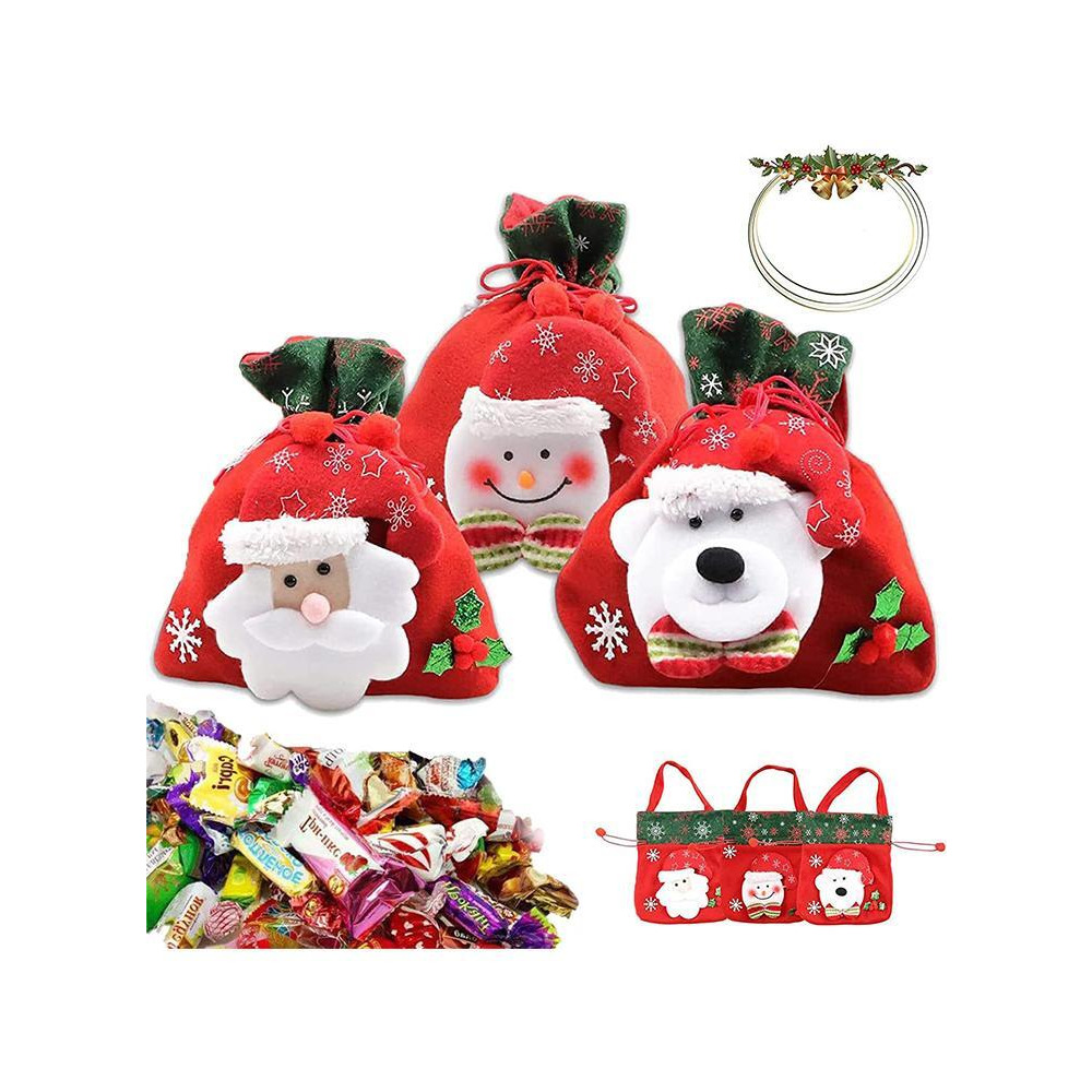 Drawstrings Gift Bags, Reusable Fabric 3D Goodie Bags Set of 3, Snowman Elk Wrapping Bags, Treat Bags Pouches Candy Pockets for New Year and Holidays - 1
