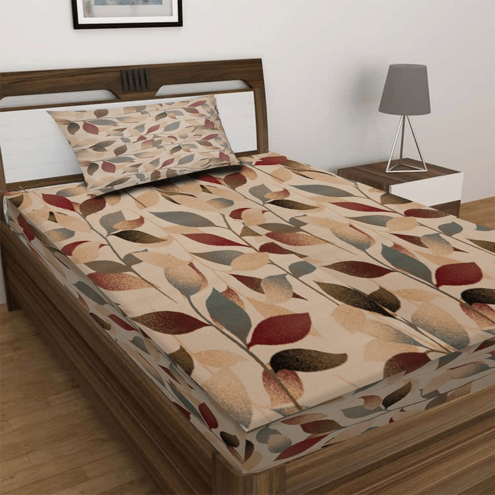 BYFT Orchard Premium Bed Sheet 150 x 230 Cm Pillowcase 52 x 73 + 12 Cm 144 Tc Multicolor Autumn Leaves Polycotton Set of 2 - 3