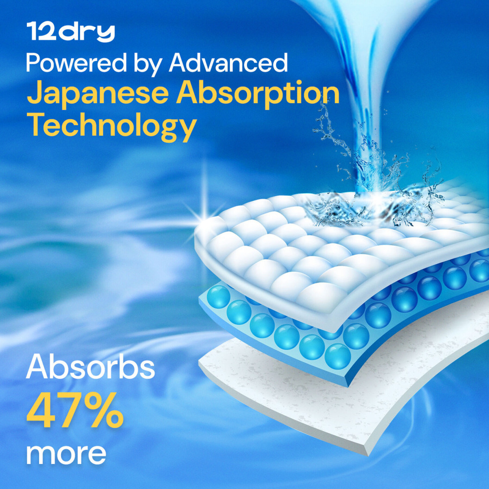 12dry Pants Easy Waist (size 3, 8-12 Kg, 52 Count) For Babies With Round Tummies 100% Ultra-absorbent Japanese, Thin Breathable Extra Soft Waistband - 4