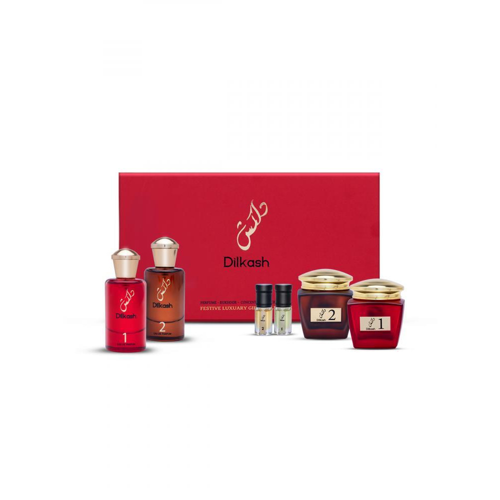 Dilkash Perfumes Festive Luxury Gift Set 2x50ml EDP Perfume + 2 Bukhoor + 2 Concentrated Perfume (Pack of 6) - 1