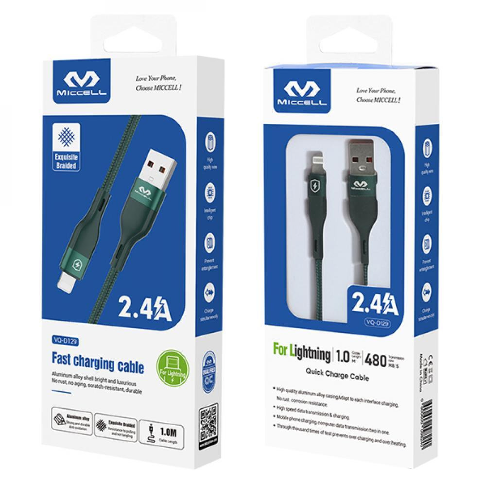 Miccell / Charging cable, 2.4A Ultra strong, USB to Lightning, 1M, Green, VQ-D129 - 1