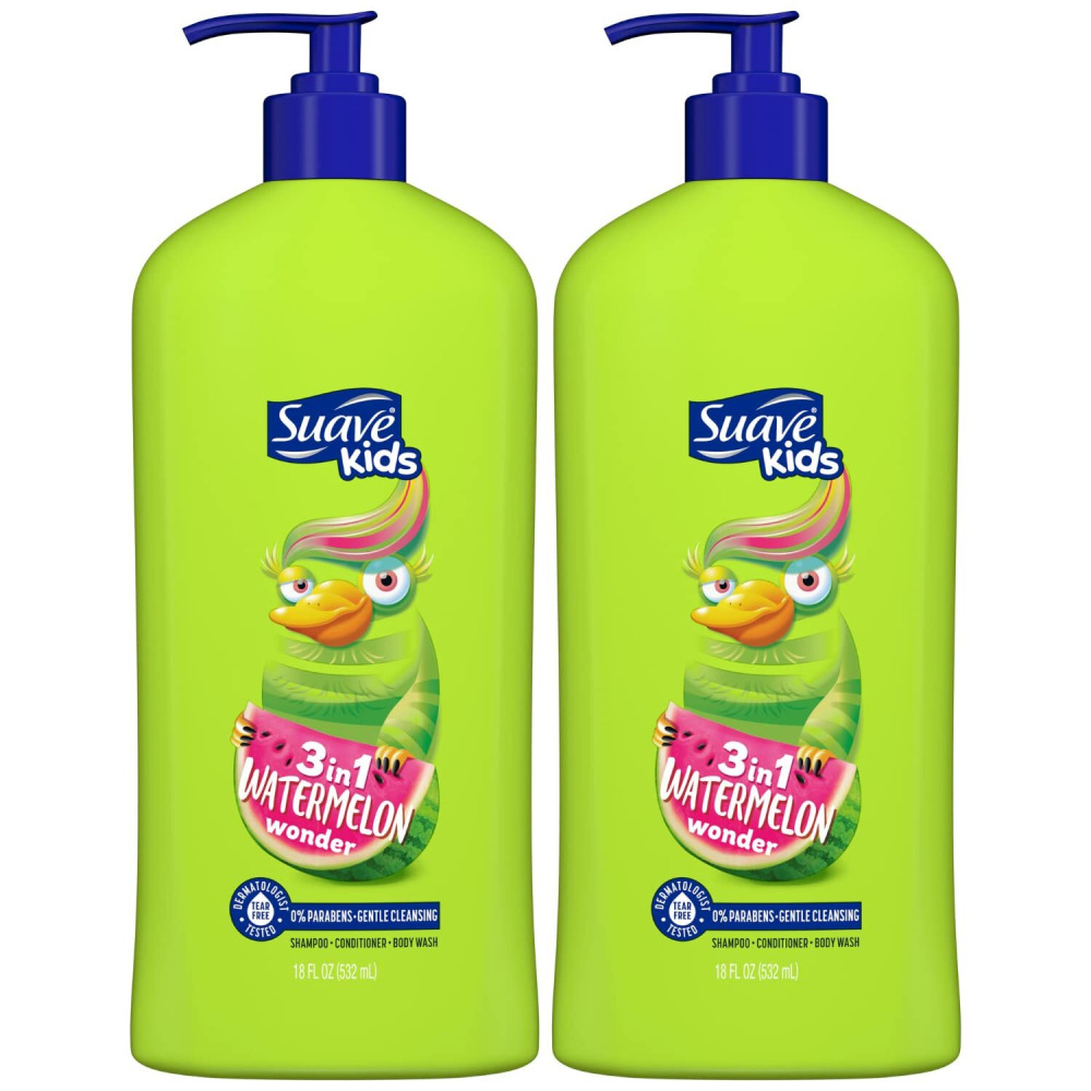 شامبو وبلسم وغسول للجسم 3 في 1 من Suave KIDS، بدون دموع، بنكهة البطيخ المجنون، 532 مل (18 أونصة)، عبوة من قطعتين - 1