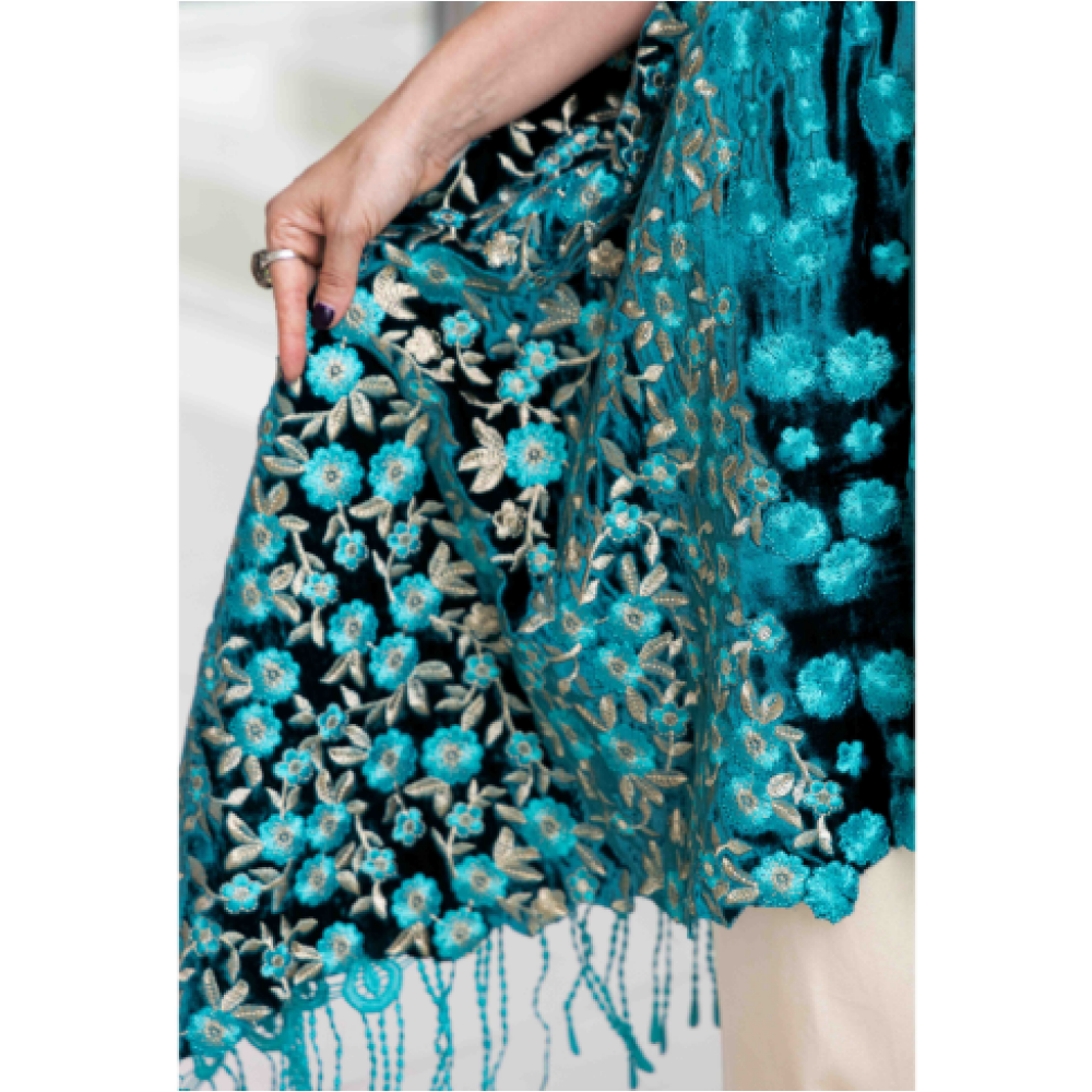 Asian Spirit, Turquoise Sakura Velvet Cape Jacket, Free size (XS-XL) - 7