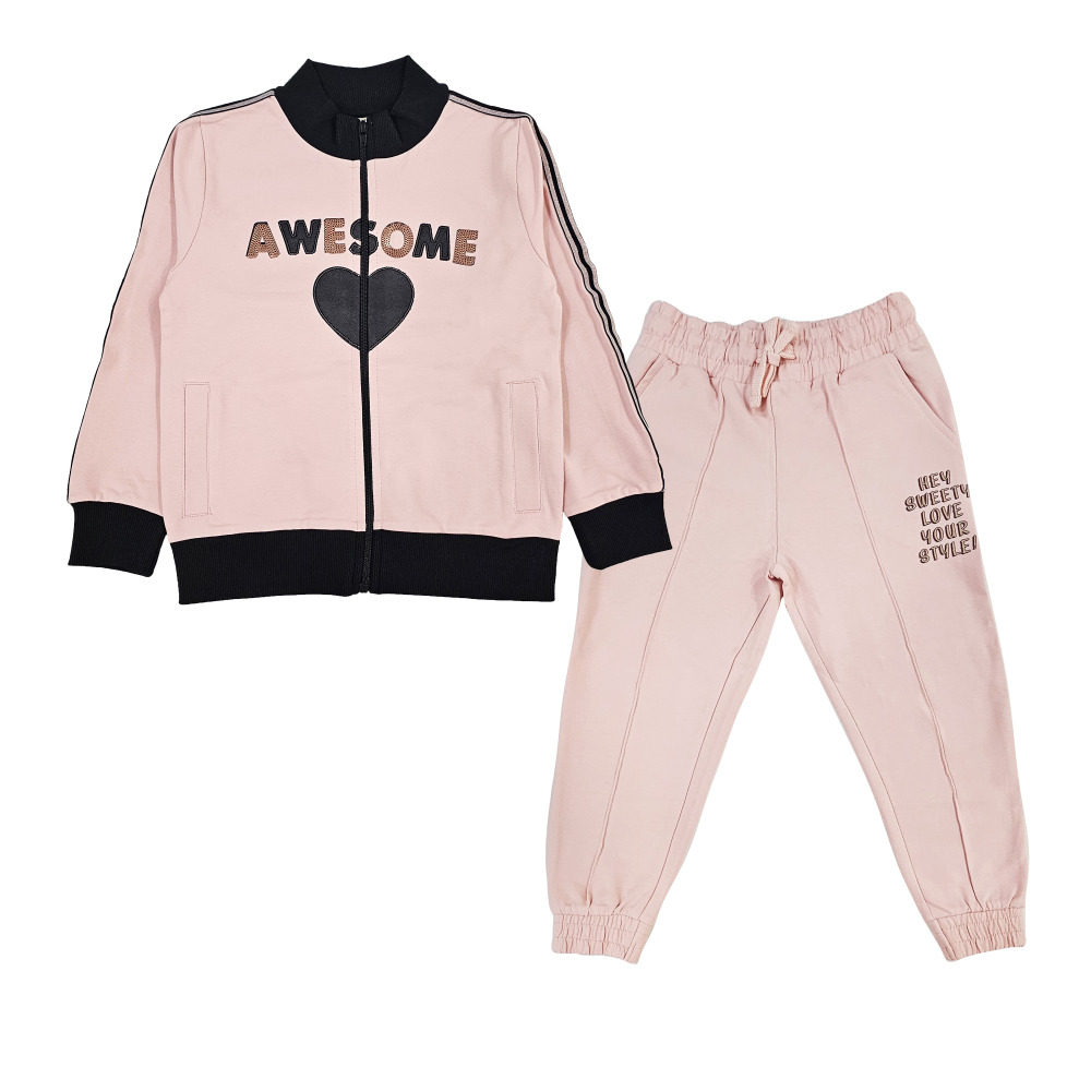 طقم مكون من قطعتين للبنات، جاكيت بأكمام طويلة وبنطال رياضي (2-3 سنوات) - وردي - 1