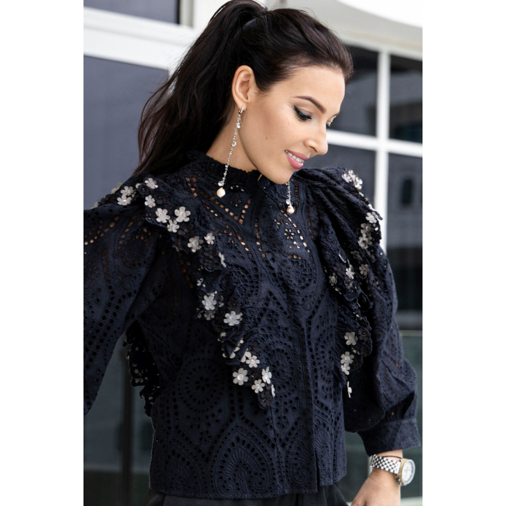 الروح الآسيوية، سترة علوية من الدانتيل باللون الأسود، مقاس صغير (S) - 5