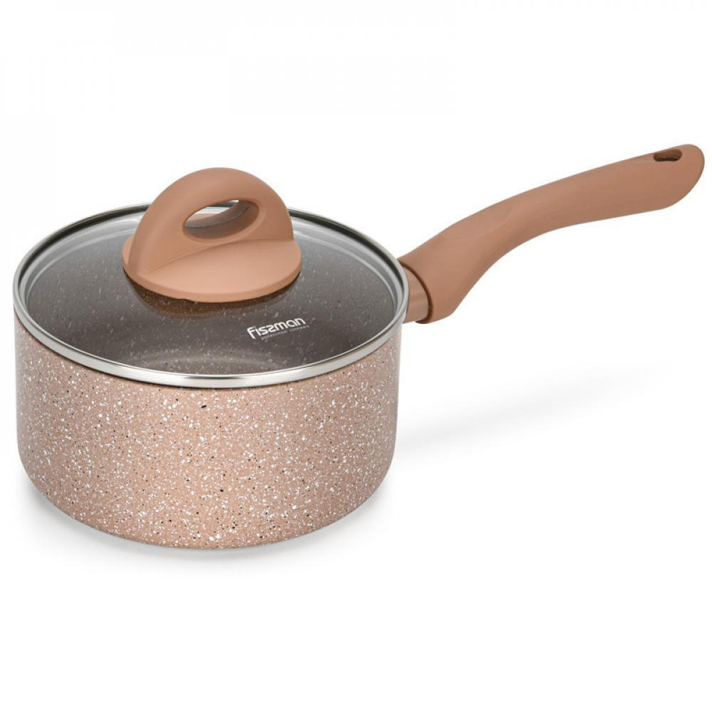 Fissman Saucepan With Glass Lid 16x8cm/1.5LTR Aluminium Latte Series Marble Coated Pink/Clear - 1