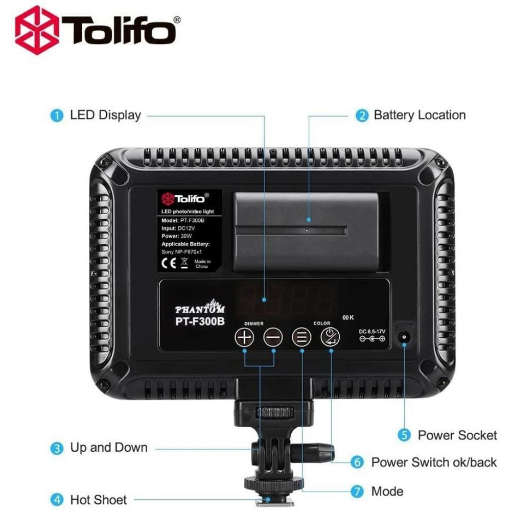 Tolifo PT-F300B Bi color LED Video Light Panel Output Power-30 Watts Luminous flux 3000LM - 5