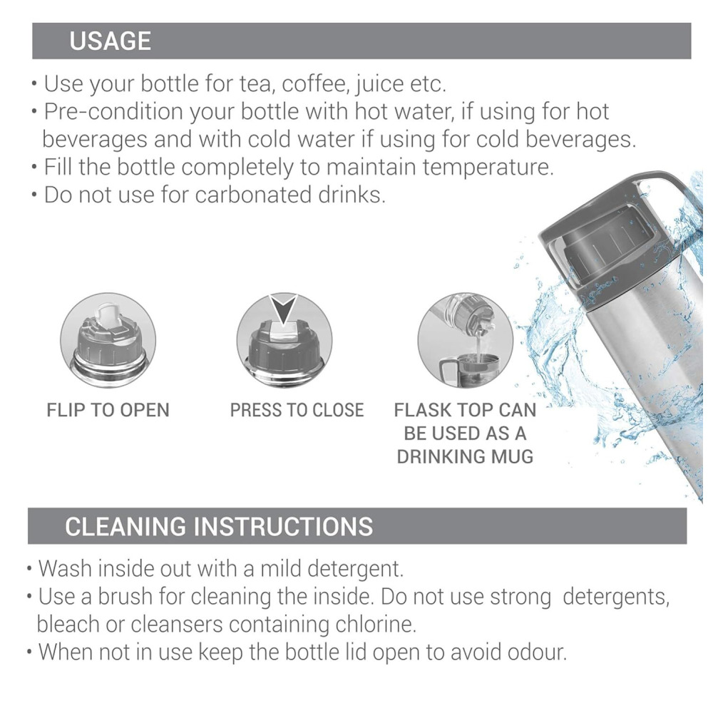 Milton Glassy 1000 Thermosteel 24 Hours Hot and Cold Water Bottle with Drinking Cup Lid, 1 Litre, Grey - 5