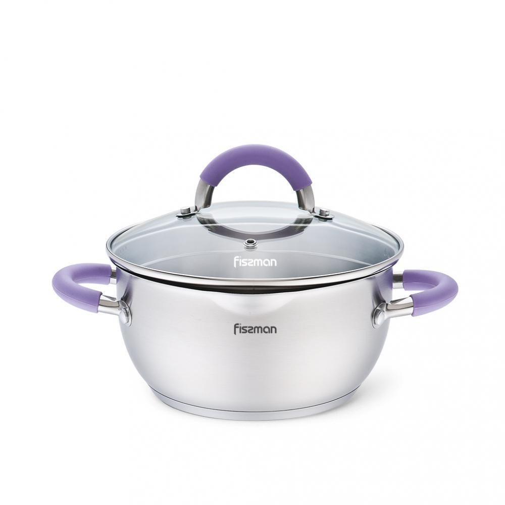 Fissman Stockpot Annette Series 18/10 INOX304 Нержавеющая Сталь С Прозрачной Стеклянной Крышкой Ситечко Для Губ С Силиконовыми Ручками Серебро / Фиоле - 1