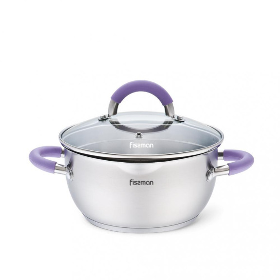 Fissman Stockpot Annette Series 18/10 INOX304 Нержавеющая Сталь С Прозрачной Стеклянной Крышкой Ситечко Для Губ С Силиконовыми Ручками Серебро / Фиоле