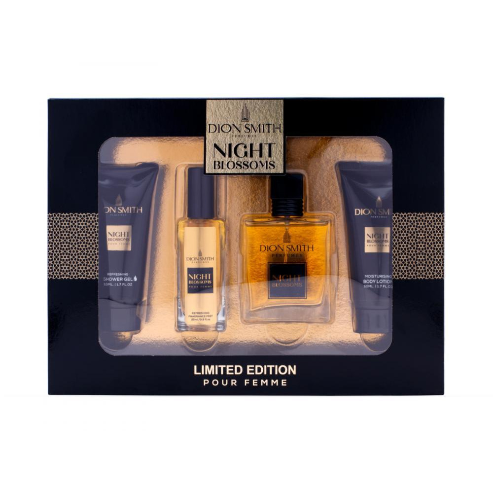 Dion Smith Night Blossoms Limited Edition Gift Set for Women 50ml + Body Mist 25ml + Shower Gel 50ml + Body Lotion 50ml (Pack of 4) - 1