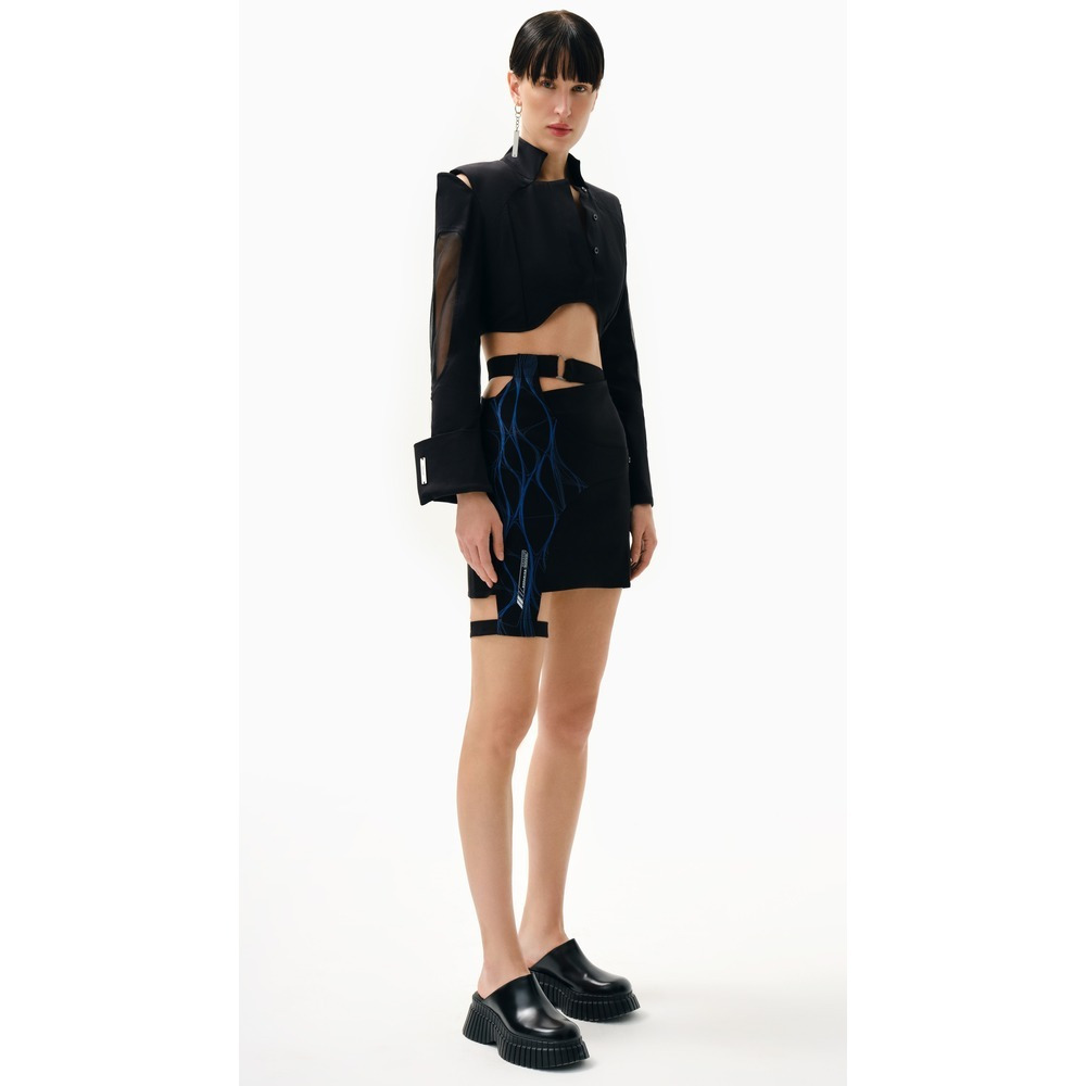 KNTLGY Black Organza Woven Crop Shirt, L - 1