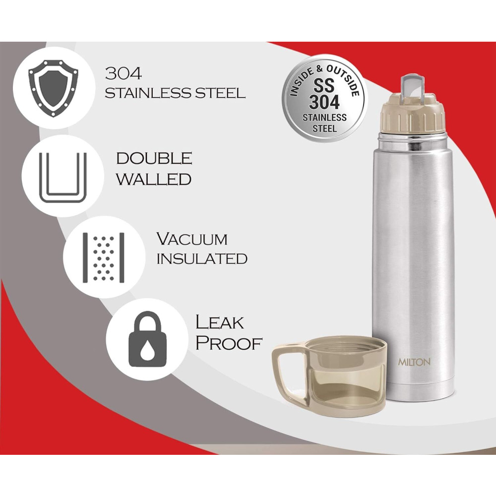 Milton Glassy 1000 Thermosteel 24 Hours Hot and Cold Water Bottle with Drinking Cup Lid, 1 Litre, Grey - 6