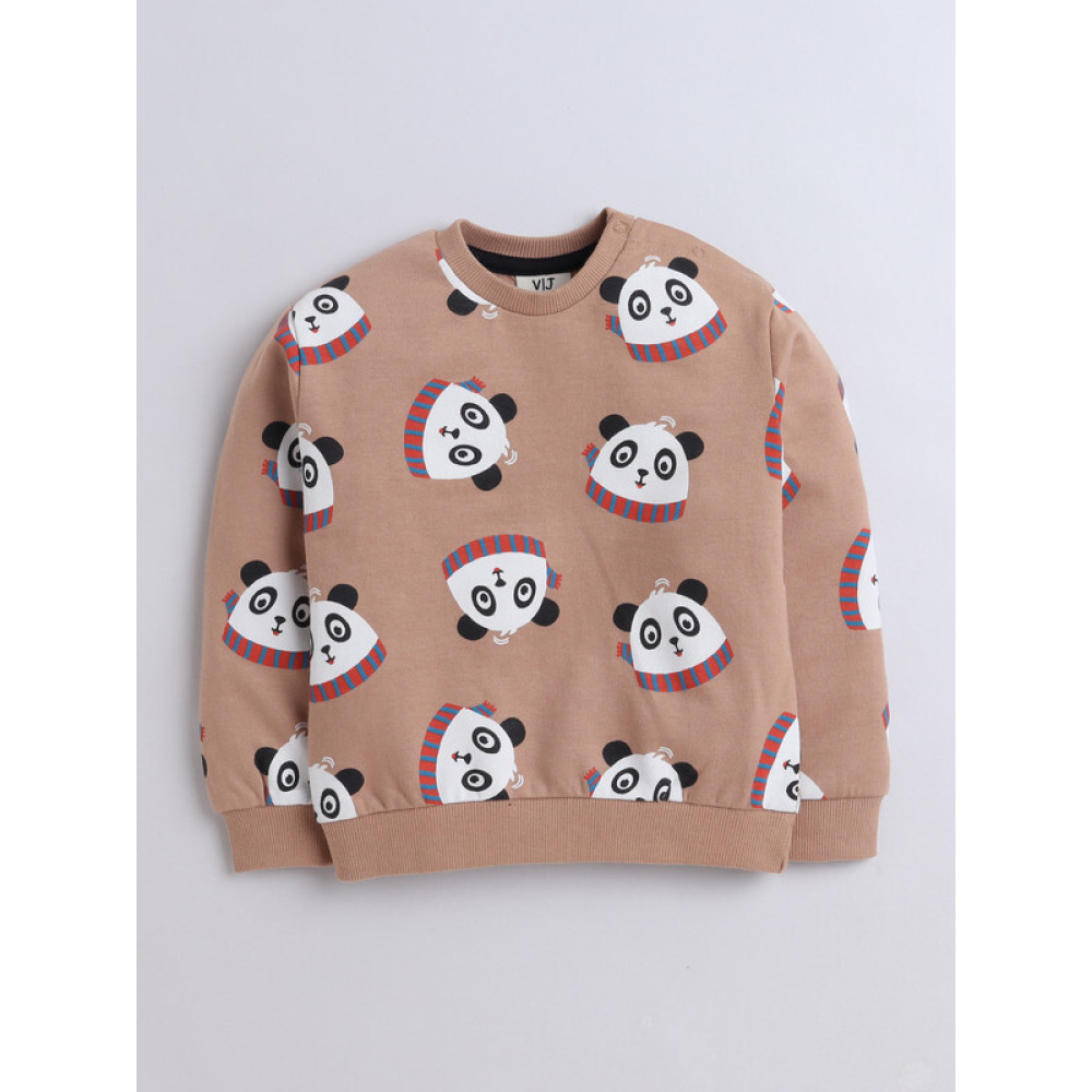 طقم مكون من قطعتين من سويت شيرت وبنطال رياضي مطبوع عليه صورة باندا للأولاد - بني فاتح، مقاس 12-18 شهرًا - 4