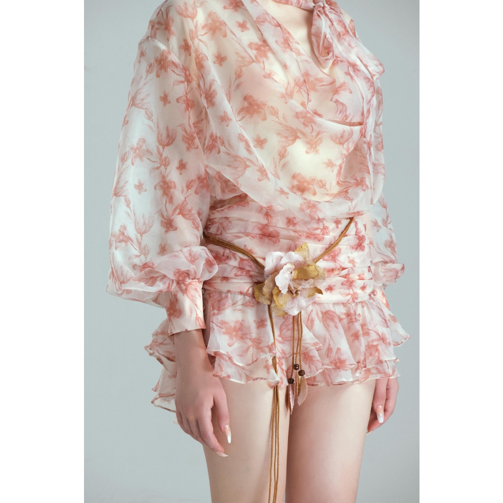 Mini Dress Bali Floral Chiffon with Puffball Puff Sleeve, Light Pink, size L - 3