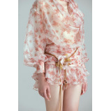 Mini Dress Bali Floral Chiffon with Puffball Puff Sleeve, Light Pink, size L - 3 miniature