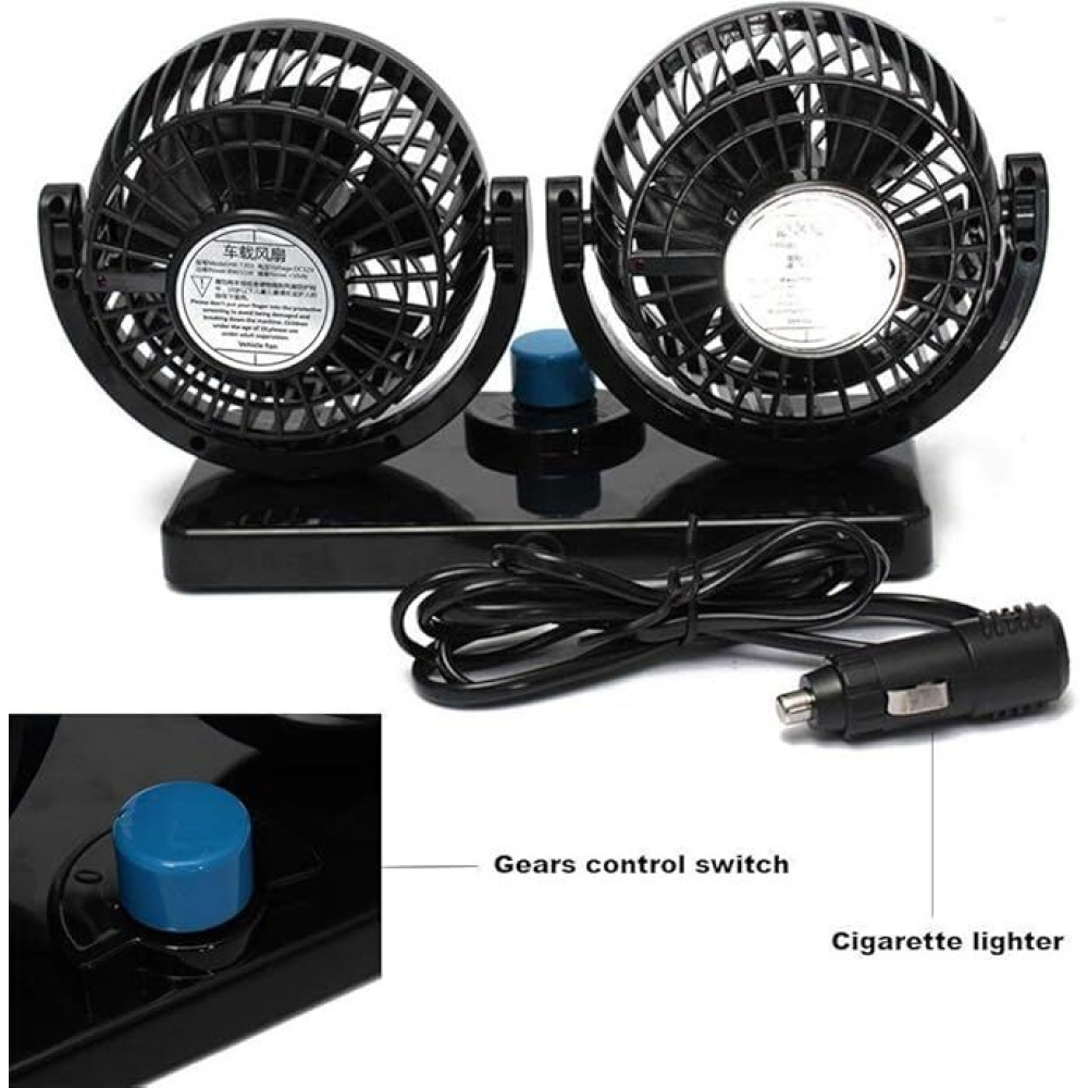 مروحة سيارة كهربائية بسرعتين 12 فولت، مروحة سيارة تدور 360 درجة، قابلة للتعديل، مروحة تبريد هواء مزدوجة الرأس للسيارة - 3