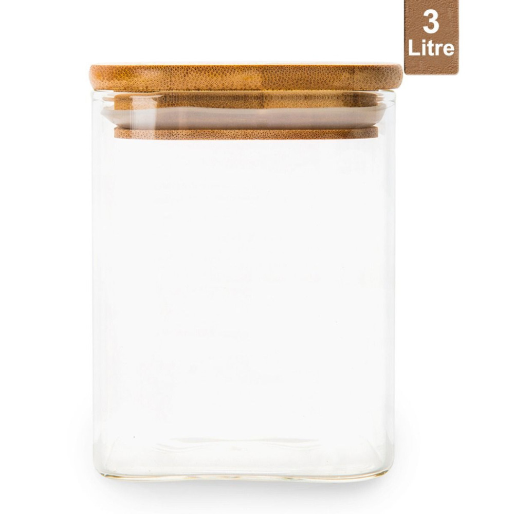 Honey Bee 3 Liter Multipurpose Airtight Round Glass with Bamboo Lid For Kitchen & Pantry - 1