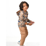 طقم مكون من قطعتين من هودي بسحاب كامل مطبوع وبنطال رياضي بني للأولاد (7-8 سنوات) بني - 3 miniature