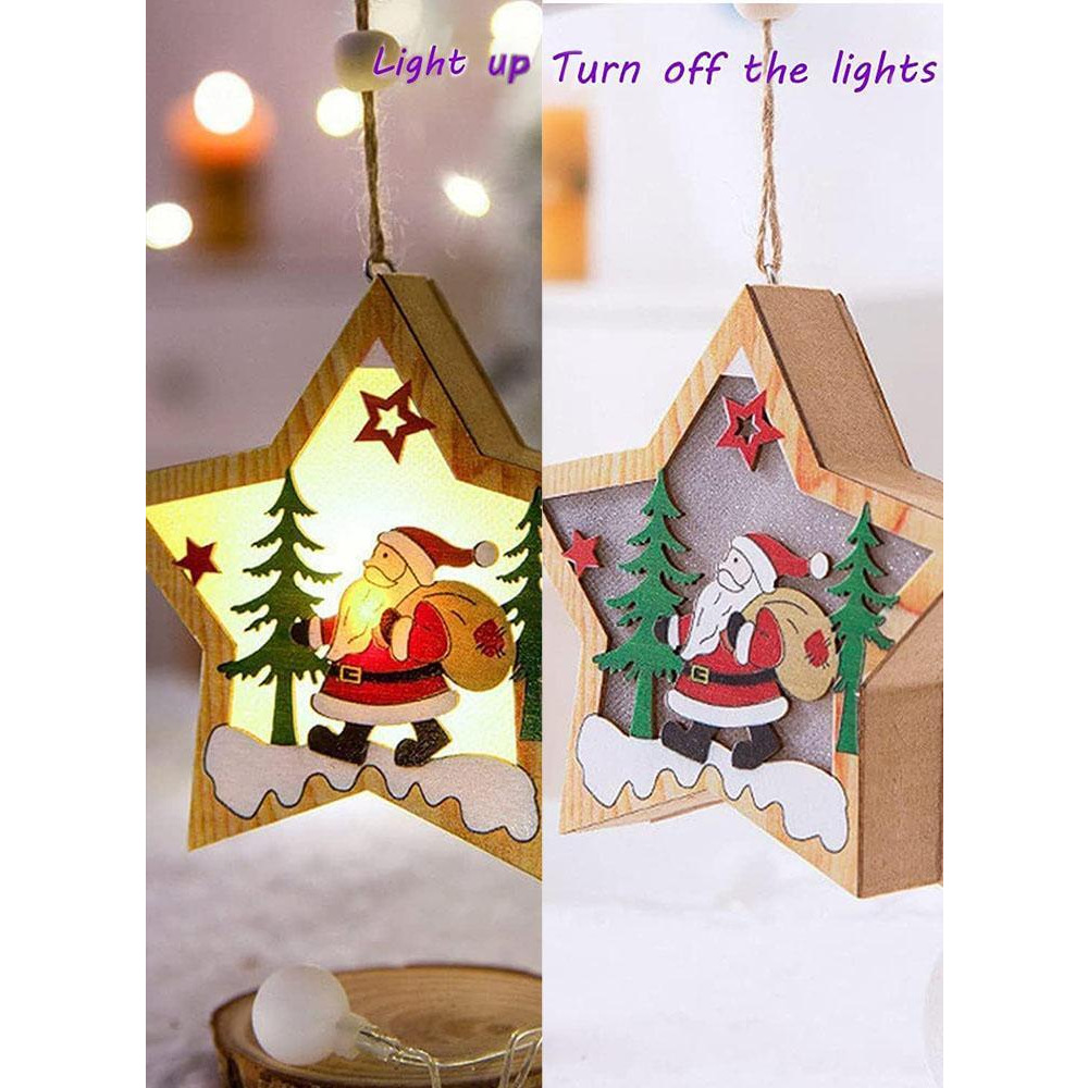 Set of 3 Wooden Star Christmas Tree Hanging Pendants with Lights Santa Claus, Deer, and Snowman Designs for New Years Party and Fireplace Decoration - 2